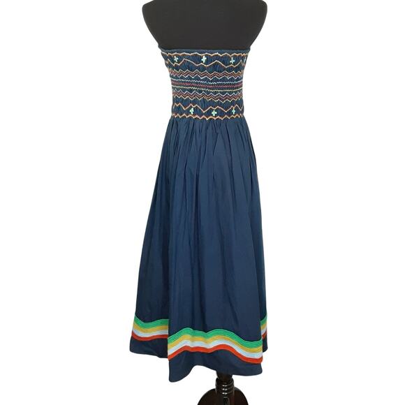 Corey Lynn Calter Queenie Dress Smocked Sleeveless Midi Dress Blue Embroidered L - Picture 3 of 10